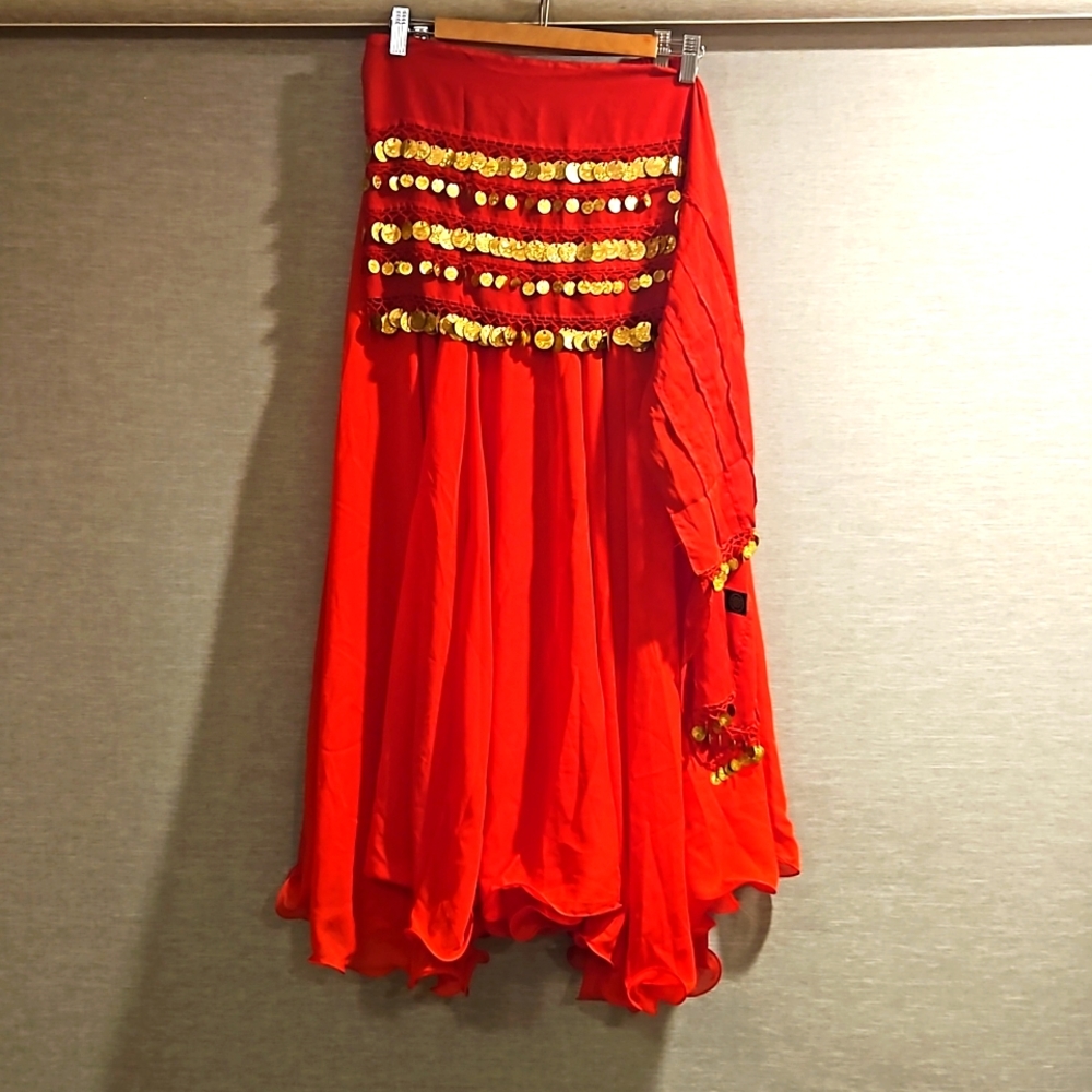 Red Bellydance Costume including Skirt, Coin belt, Veil, Top & Accessories